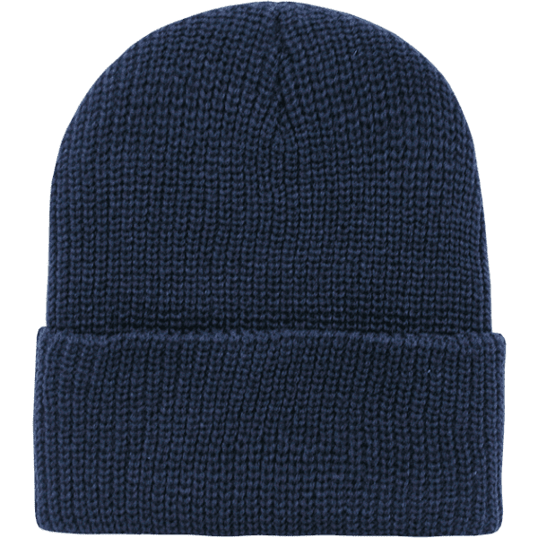 A blue knitted watch cap with a folded cuff and a seamless top. It features a logo on the side.