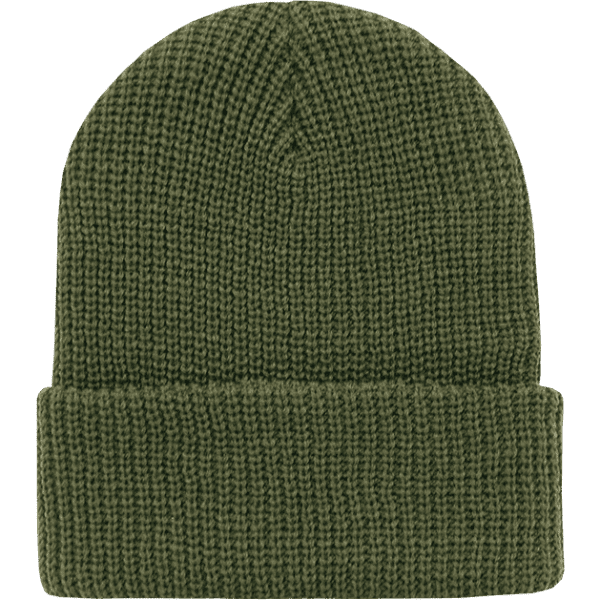 A green knit beanie with a folded cuff, featuring a textured pattern. It has a simple design and no visible logo.