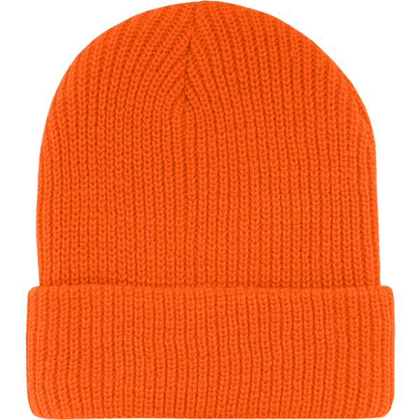 An orange beanie hat with a ribbed texture and a rolled cuff. It features a branding logo.