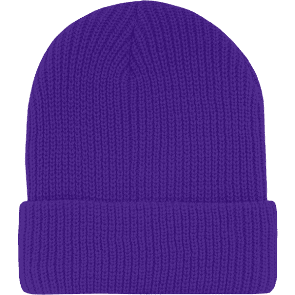 A purple knit beanie with a rolled cuff, featuring a branding logo.