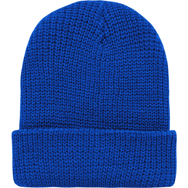A beanie in bright blue with a ribbed texture and folded cuff. Features a logo on the side.