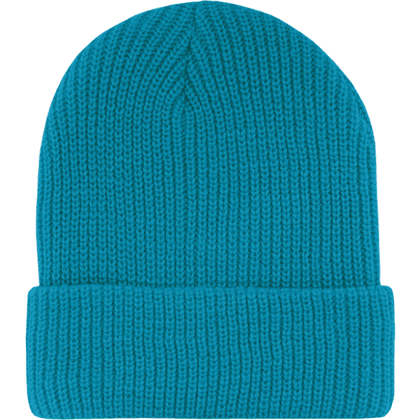 A teal beanie with a ribbed texture and a folded cuff, featuring a logo on one side.