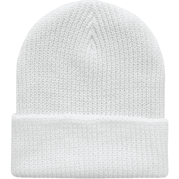 A white knit beanie with a rolled cuff, featuring a simple design and a logo.