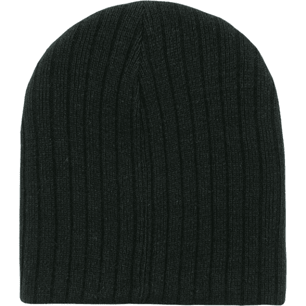 A black ribbed beanie with a soft texture, featuring a simple design. It has a logo on one side.