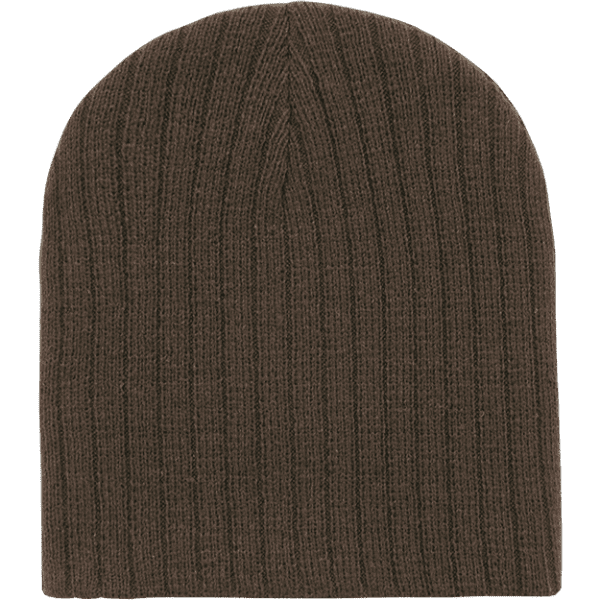 A brown ribbed beanie with a close-fitting design and a simple appearance. It features a logo.