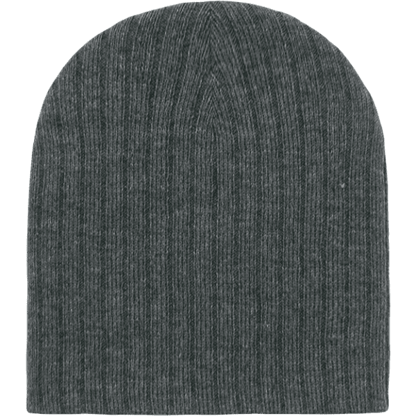 A grey ribbed beanie with a soft texture, featuring a logo on one side.