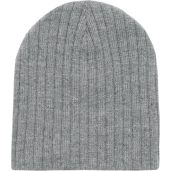 A grey ribbed beanie with a close-fitting design, featuring a logo on the side.