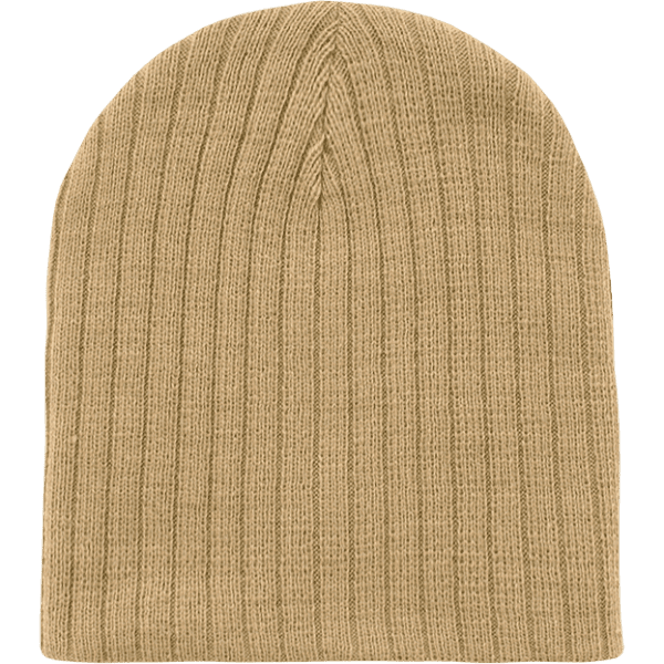 A tan cable-knit beanie with a ribbed design, featuring a logo.