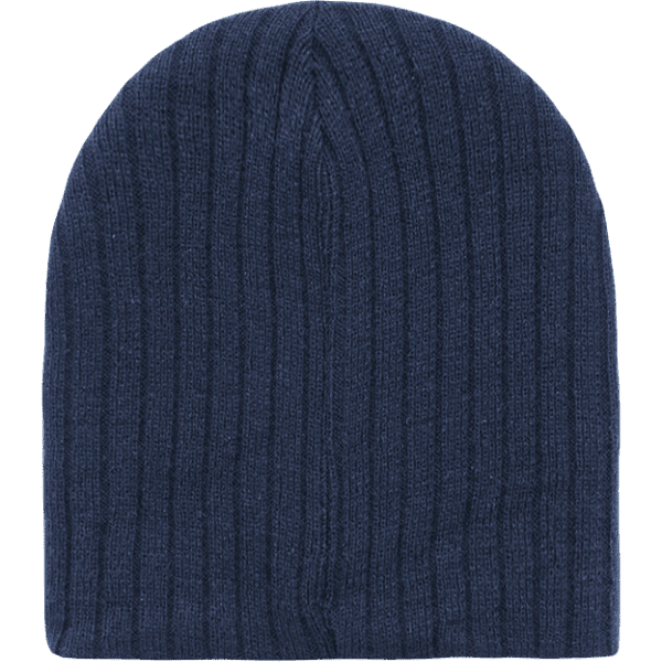 A navy blue knitted beanie with a ribbed texture and a simple design. It features a small logo.
