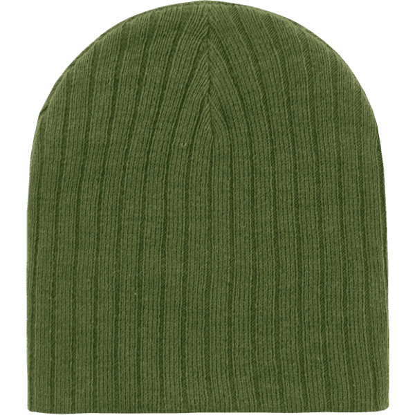 An olive green beanie hat with a ribbed texture. It features a logo on the side.