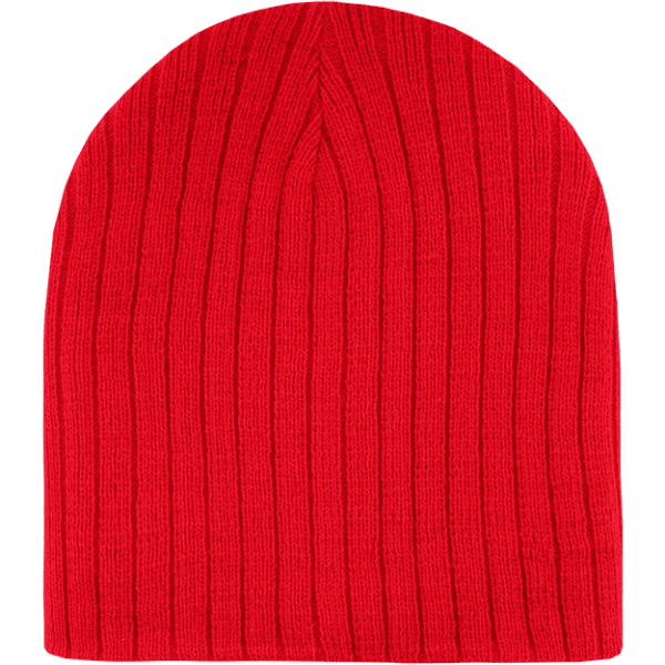 A red knitted beanie with a ribbed texture and a rounded top. It features a branding logo.