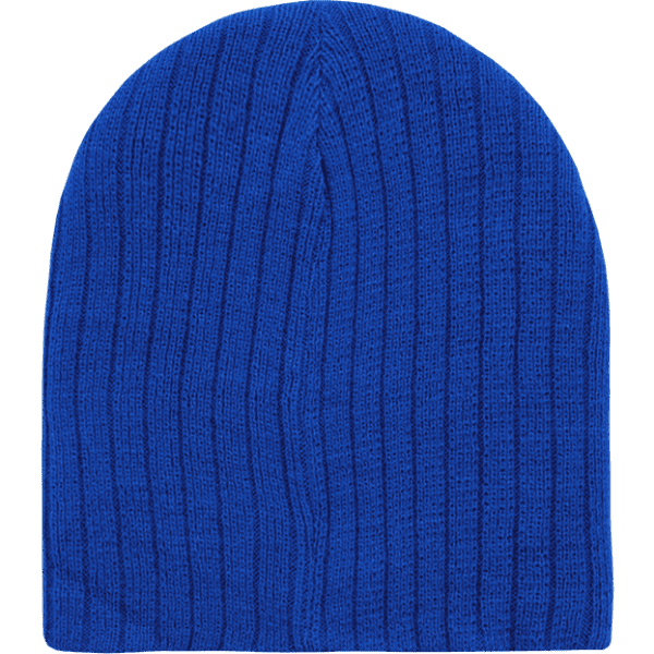 A blue cable-knit beanie with a ribbed texture, featuring a logo on the exterior.