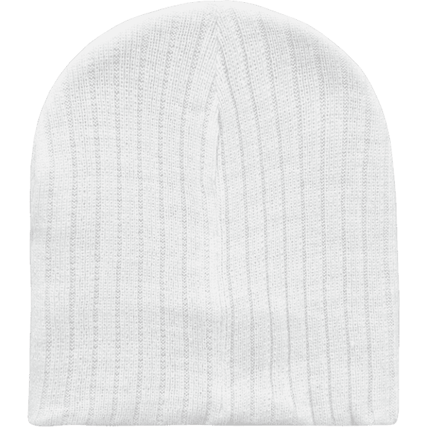 A white ribbed beanie featuring a logo, designed for warmth and style.