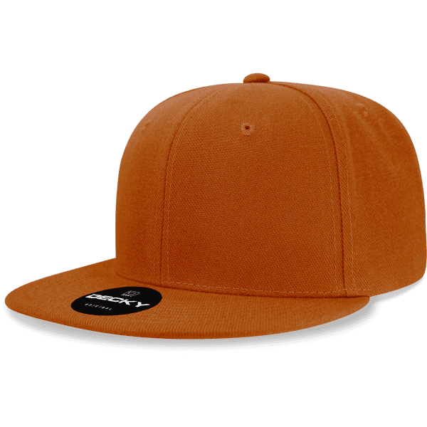 A structured snapback cap in a rich orange colour, featuring a flat brim and a logo on the front.