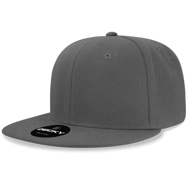 A grey 6 Panel High Pro Acry/Poly Snapback cap featuring a flat brim and a branded patch on the front.