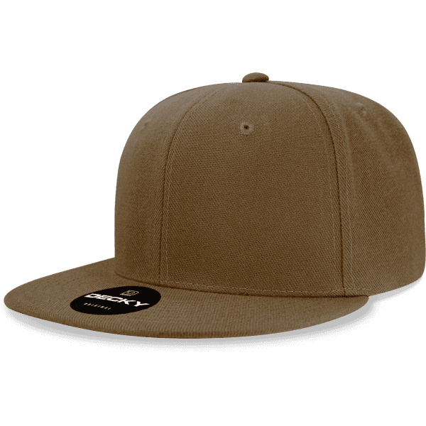 A high-profile structured snapback cap in brown, featuring a flat brim and a logo on the front.