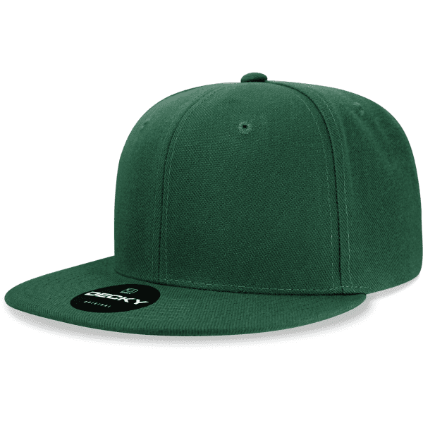 A green 6-panel high profile acrylic/poly snapback cap with a flat brim and a logo on the front.