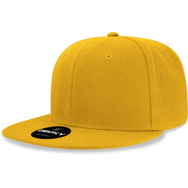 A yellow six-panel snapback cap with a flat brim and a logo on the front.