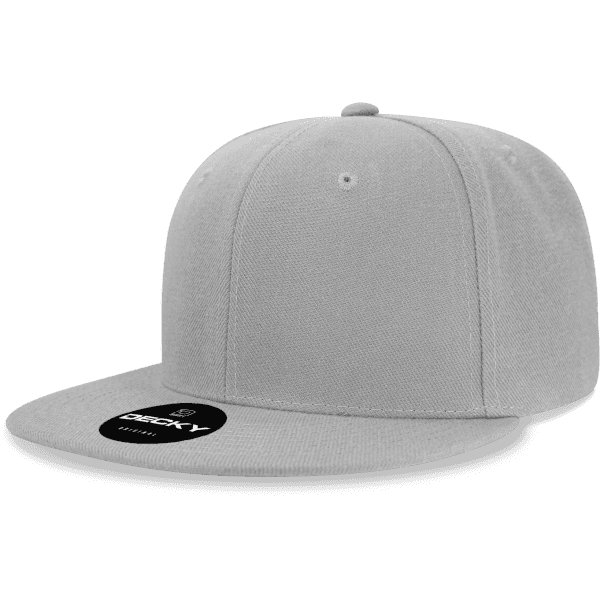 A grey 6 panel high pro acry/poly snapback cap with a black peak and a logo on the front.