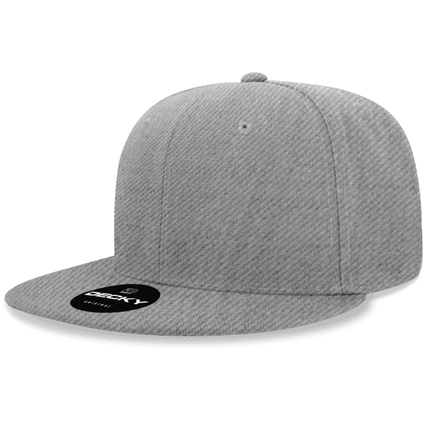 A grey 6 Panel High Pro Acry/Poly Snapback cap with a black underside and a branded tag.