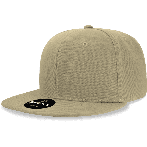 A khaki 6-panel snapback cap with a flat visor and a logo on the front.