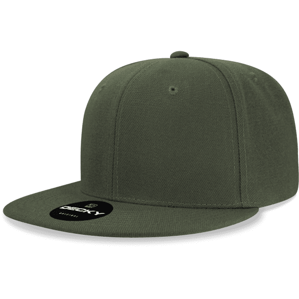 A green 6-panel high pro acrylic/poly snapback cap with a flat brim and a logo on the front.