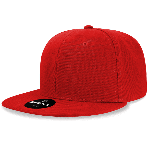A bright red 6-panel snapback cap featuring a flat brim and a branding label on the front.