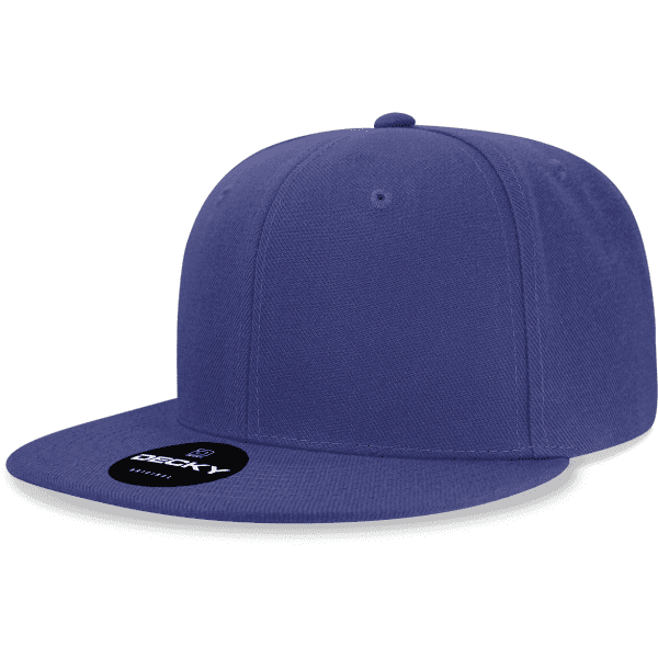 A blue snapback cap with a flat brim and a logo on the front.