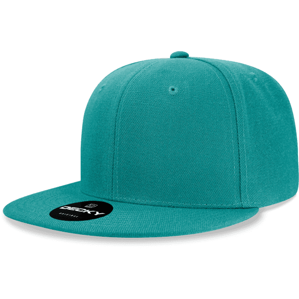 A structured snapback cap in teal, featuring a flat brim and an adjustable strap, with a logo on the front.