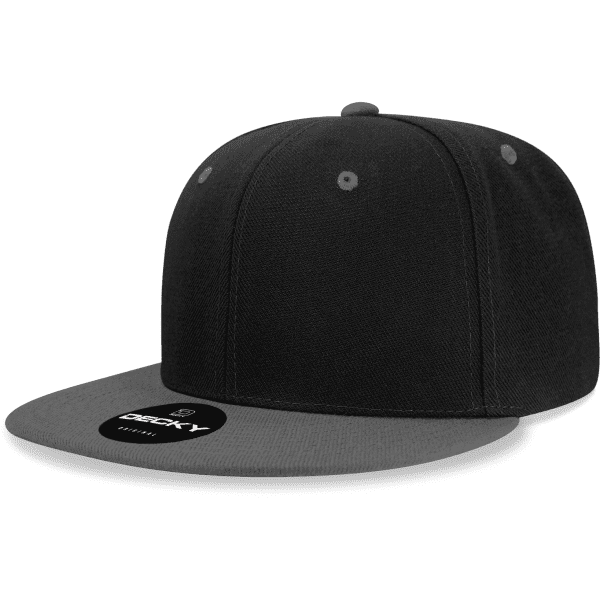 A black snapback cap with a grey peak and a logo on the front. It features a six-panel design.