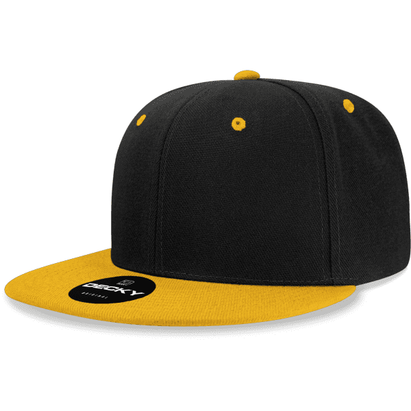 A black and yellow snapback cap featuring a flat brim and a branding logo on the front.