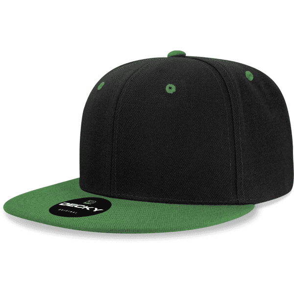 A black snapback cap with a green visor and a logo on the front panel.