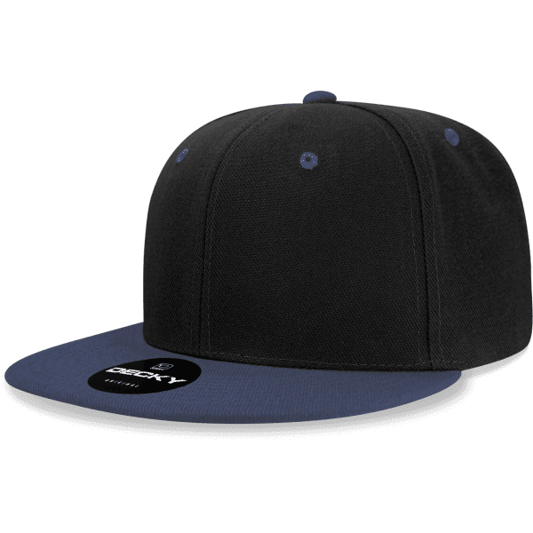 A six-panel black snapback cap with a navy blue peak and a logo on the front.