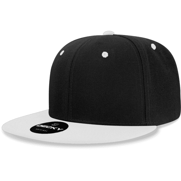 A black snapback cap with a white brim, featuring a logo on the front and white buttons atop.
