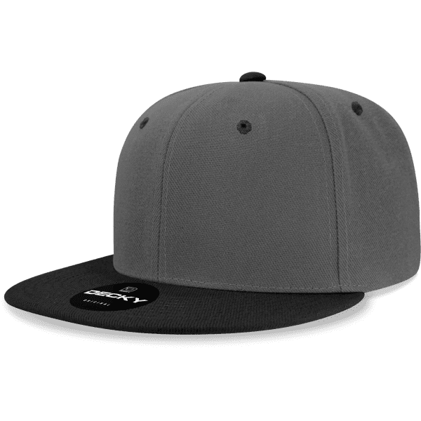 A grey snapback cap with a black brim and a logo on the front. Features a six-panel design.