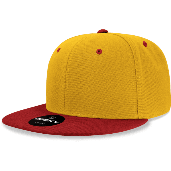 A yellow and maroon snapback cap featuring a branded patch on the front.