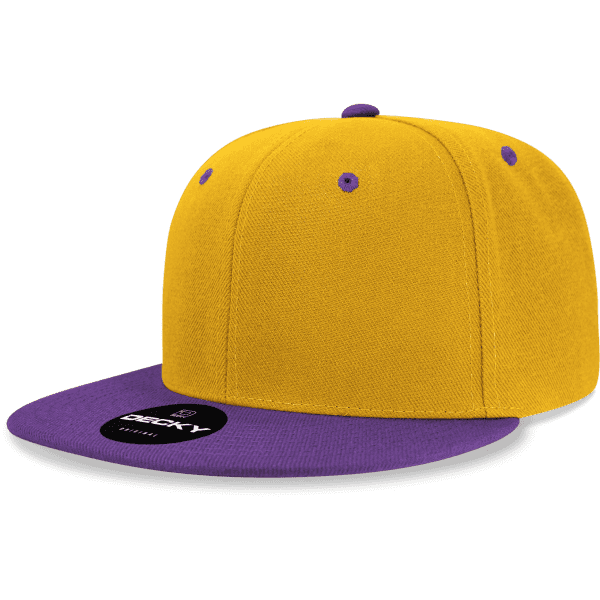 A yellow and purple snapback cap with a branded logo on the front and a flat brim.