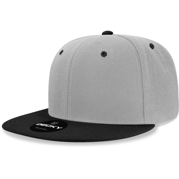 A grey and black snapback cap featuring a logo on the front. It has a six-panel design and a flat brim.