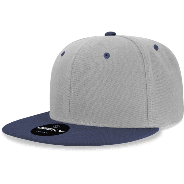 A grey snapback cap with a navy blue brim and a black logo on the front.