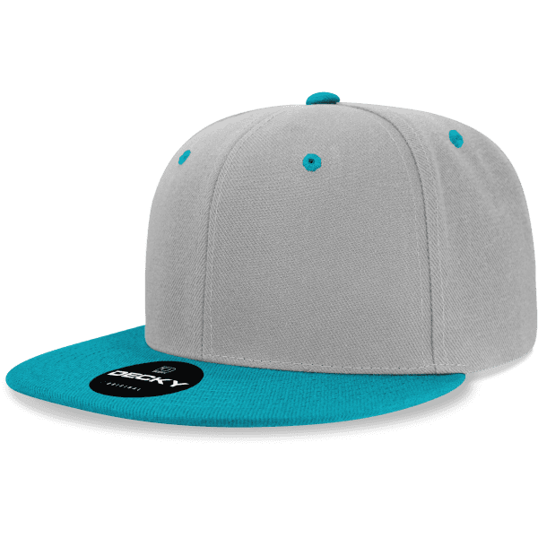 A grey snapback cap with a teal brim and an attached logo on the front.