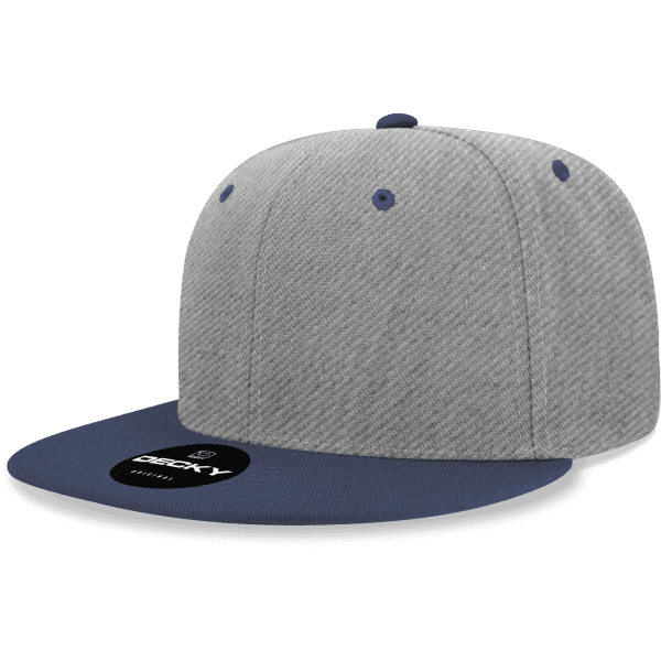 A grey and navy snapback cap featuring a flat peak and a logo on the front.