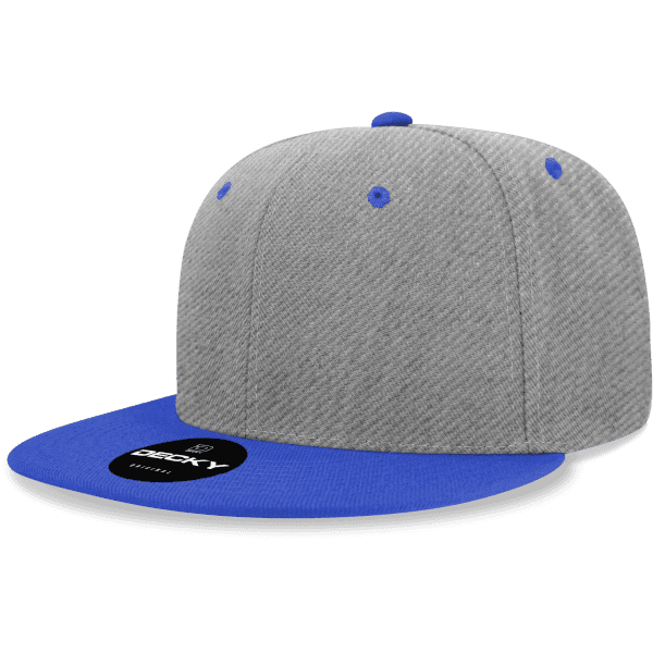 A grey and blue 6-panel snapback cap with a branded logo on the front.