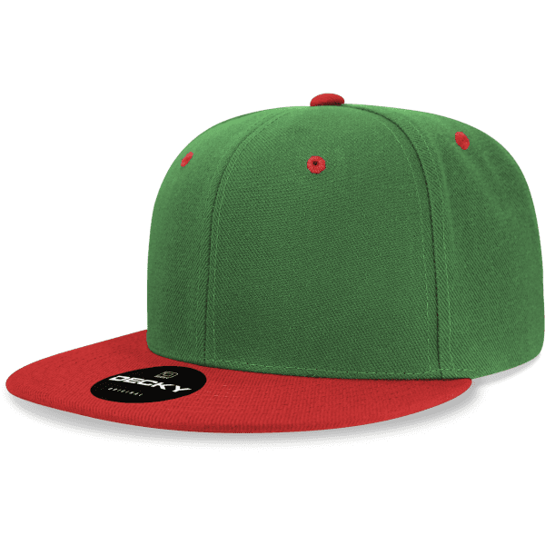 A green snapback cap with a red brim, featuring a logo on the front.
