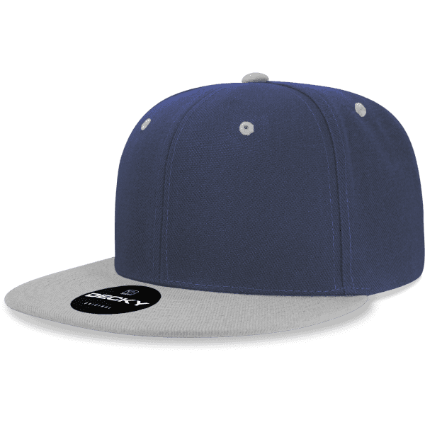 A navy blue snapback cap with a grey brim and a branded logo on the front.