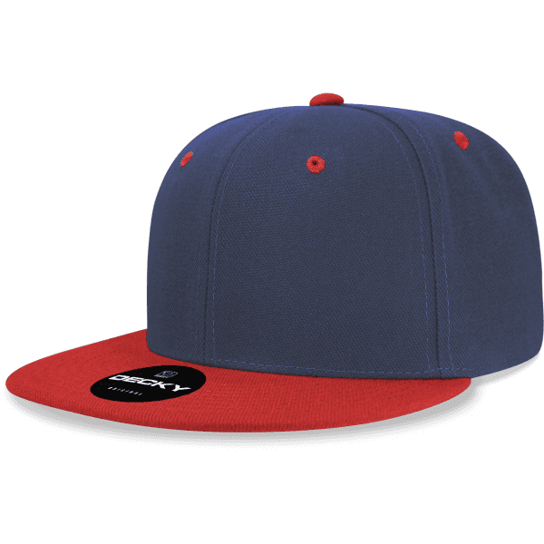 A snapback cap featuring a navy body with a red flat brim, complete with a logo on the front.