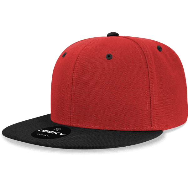 A red and black snapback cap featuring a flat brim and a logo on the front.
