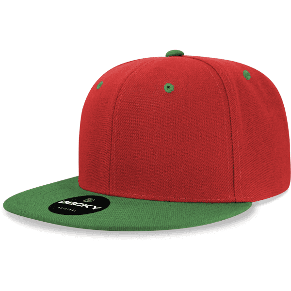 A red snapback cap with a green brim and an embroidered logo on the front.