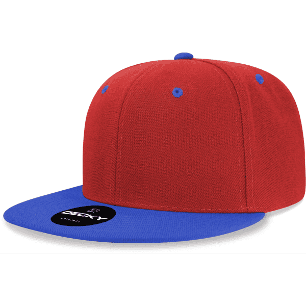 A red snapback cap with a blue peak and a branding label on the front.