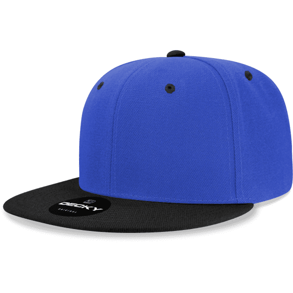 A blue and black snapback cap featuring a logo on the front. The cap has a six-panel design.