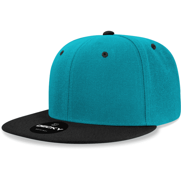 A turquoise and black snapback cap featuring a logo on the front and a flat brim.
